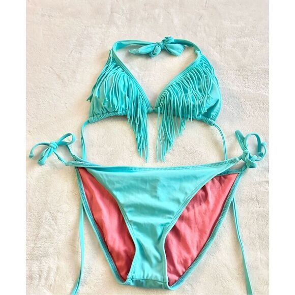 GUESS VINTAGE - Bright blue Y2K USA fringe bikini set size M - Picture 2 of 6